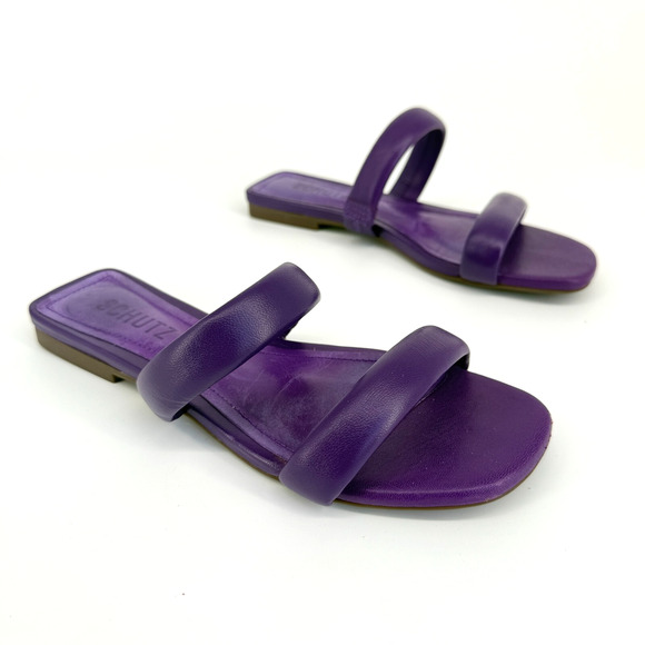 Schutz Size 5.5B Purple Leather Strap Slide Flat Sandals Indie Summer Brazil - Picture 1 of 6